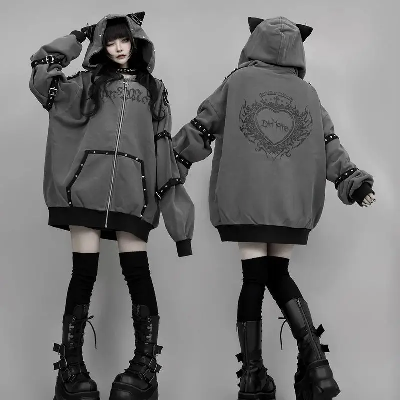 Y2k Aesthetic Letter Print Punk Hoodies Women Grunge Loose Pocket Oversized Hoody Harajuku Casual Streetwear Zipper Sweatshirts