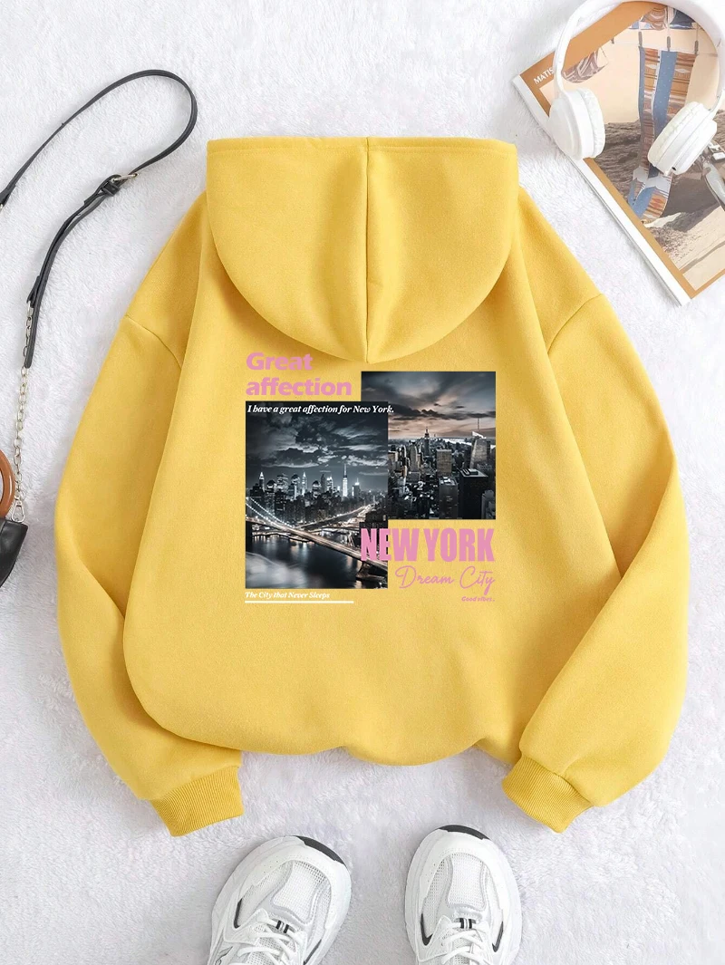New York Dream City Printed Hoodies Casual Fashion Women Pullover Fleece Warm Pocket Sweatshirt Sporty Oversize Street Clothes
