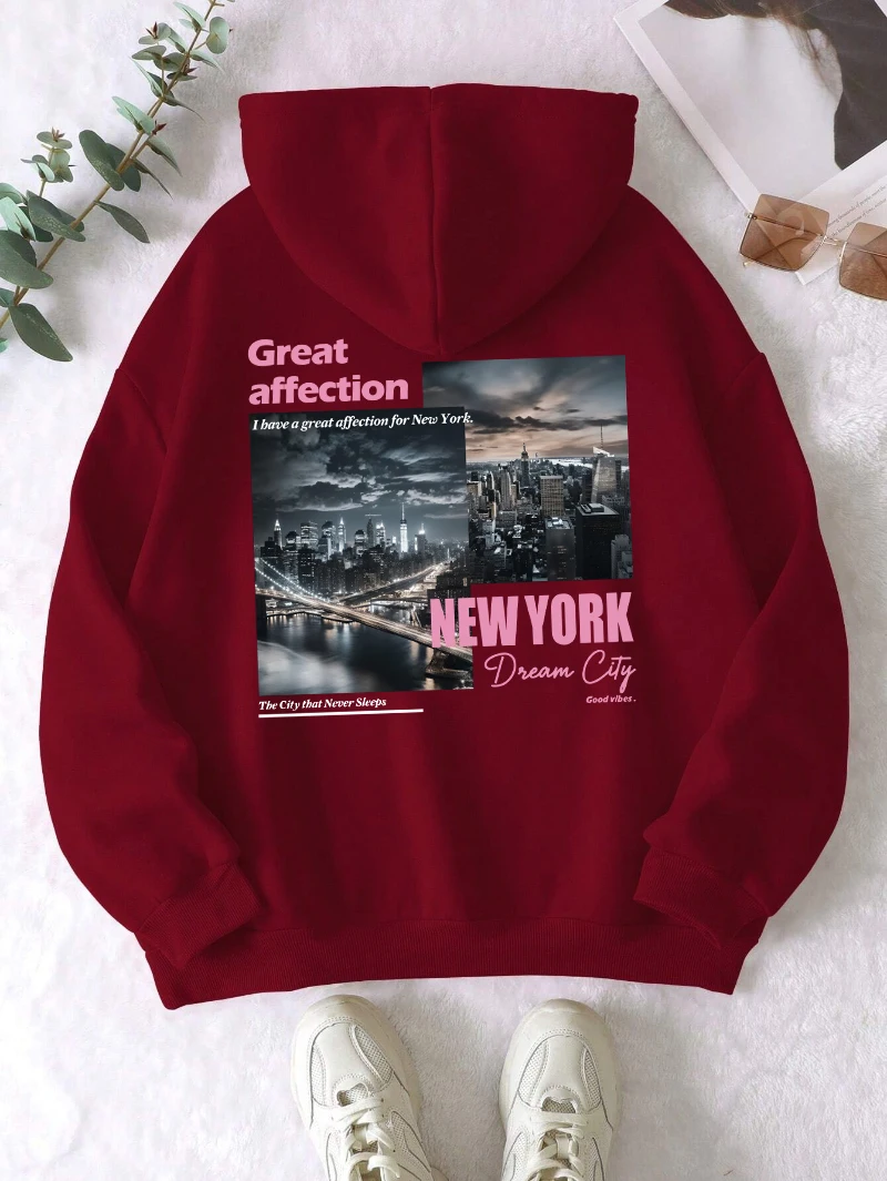 New York Dream City Printed Hoodies Casual Fashion Women Pullover Fleece Warm Pocket Sweatshirt Sporty Oversize Street Clothes