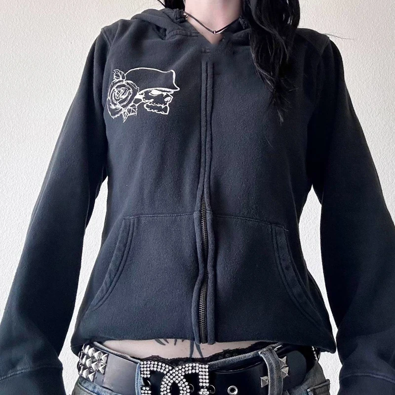 Wing Print Hoodies Vintage Cyber Grunge Zip Up Jackets E-girl Dark Academia Sweatshirts 2000s Style Gothic Y2k Retro Clothes