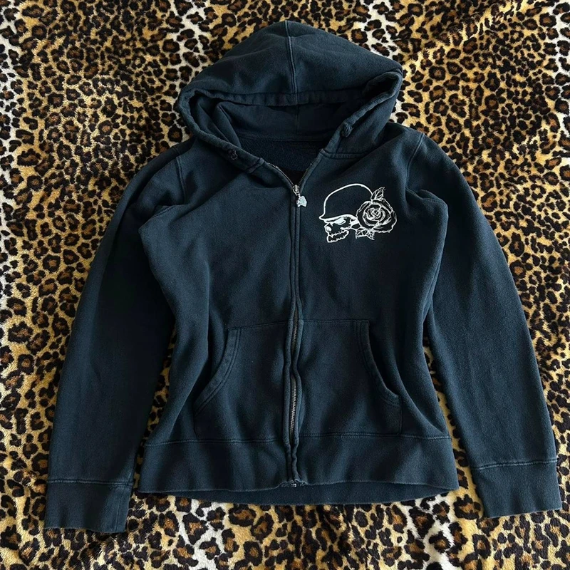 Wing Print Hoodies Vintage Cyber Grunge Zip Up Jackets E-girl Dark Academia Sweatshirts 2000s Style Gothic Y2k Retro Clothes