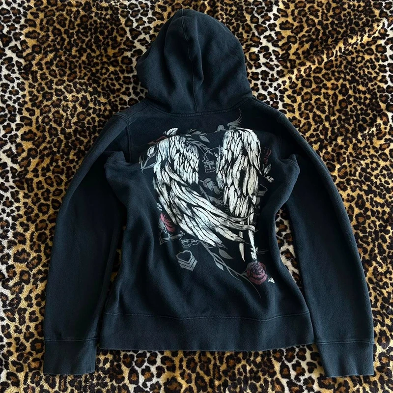 Wing Print Hoodies Vintage Cyber Grunge Zip Up Jackets E-girl Dark Academia Sweatshirts 2000s Style Gothic Y2k Retro Clothes