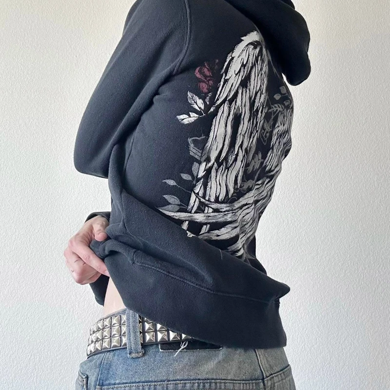 Wing Print Hoodies Vintage Cyber Grunge Zip Up Jackets E-girl Dark Academia Sweatshirts 2000s Style Gothic Y2k Retro Clothes