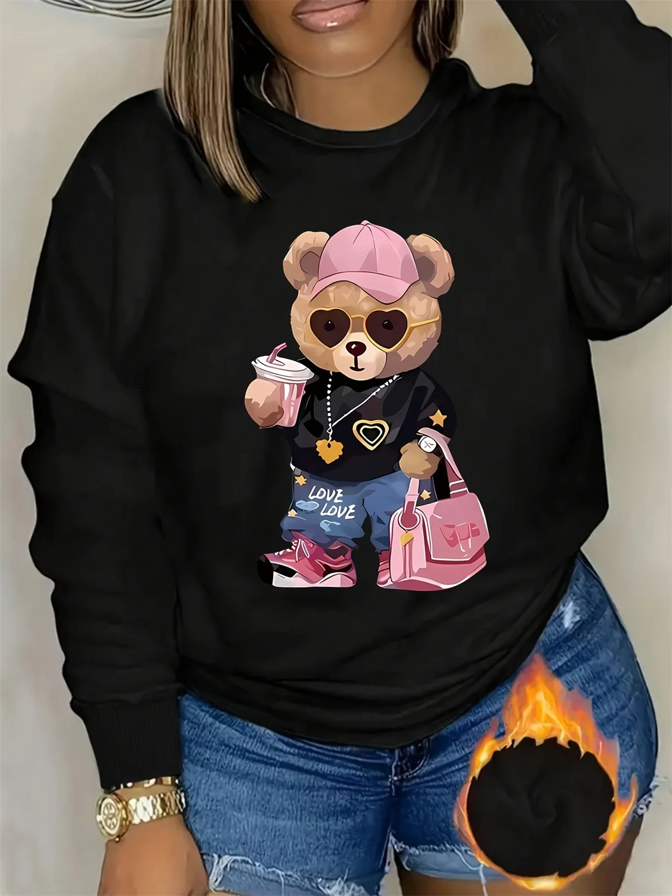 Women's Autumn and Winter Loose Casual Comfortable Teddy Bear Print with Velvet Long-Sleeved Round Neck Hoodie Pullover