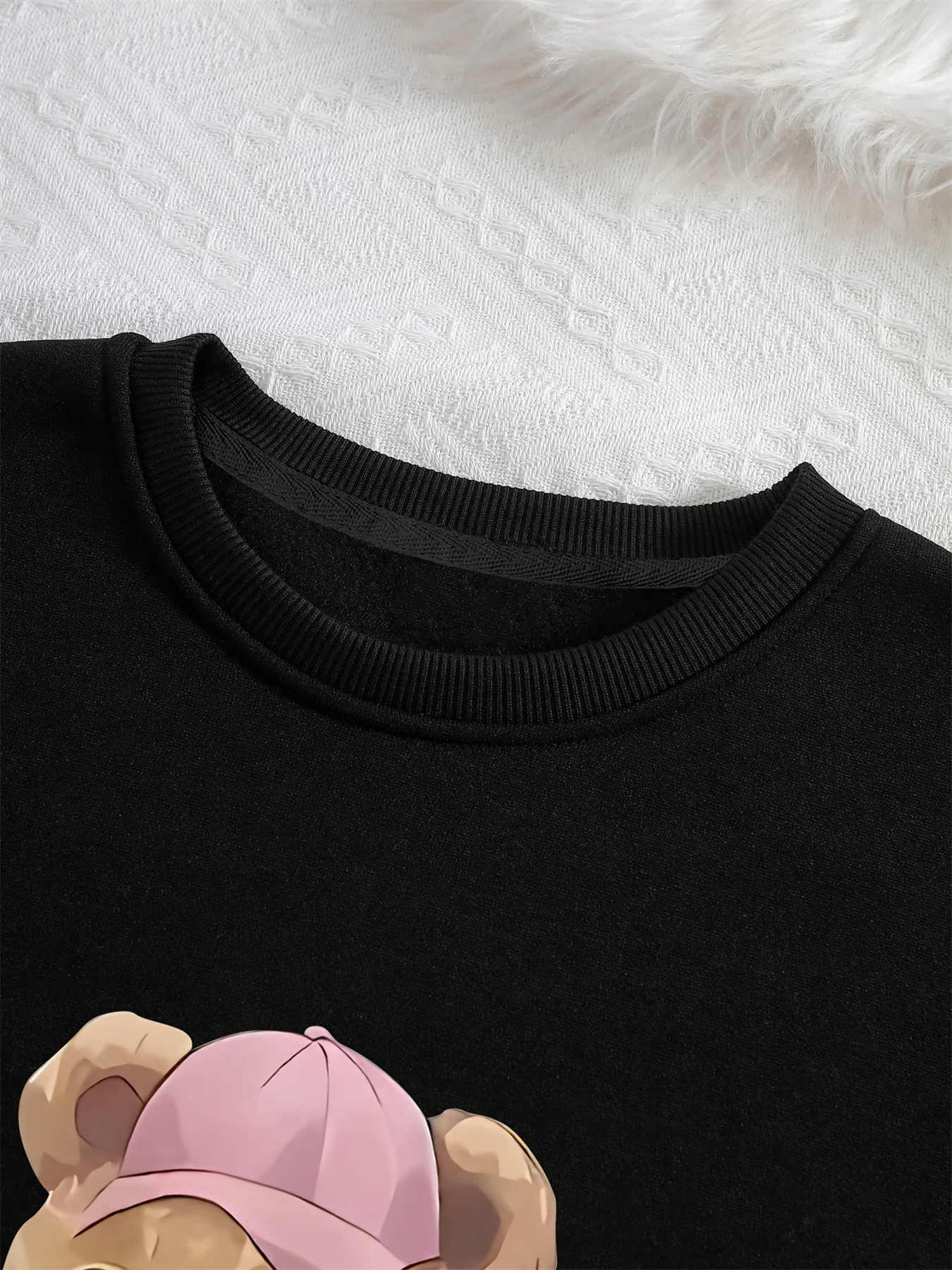 Women's Autumn and Winter Loose Casual Comfortable Teddy Bear Print with Velvet Long-Sleeved Round Neck Hoodie Pullover