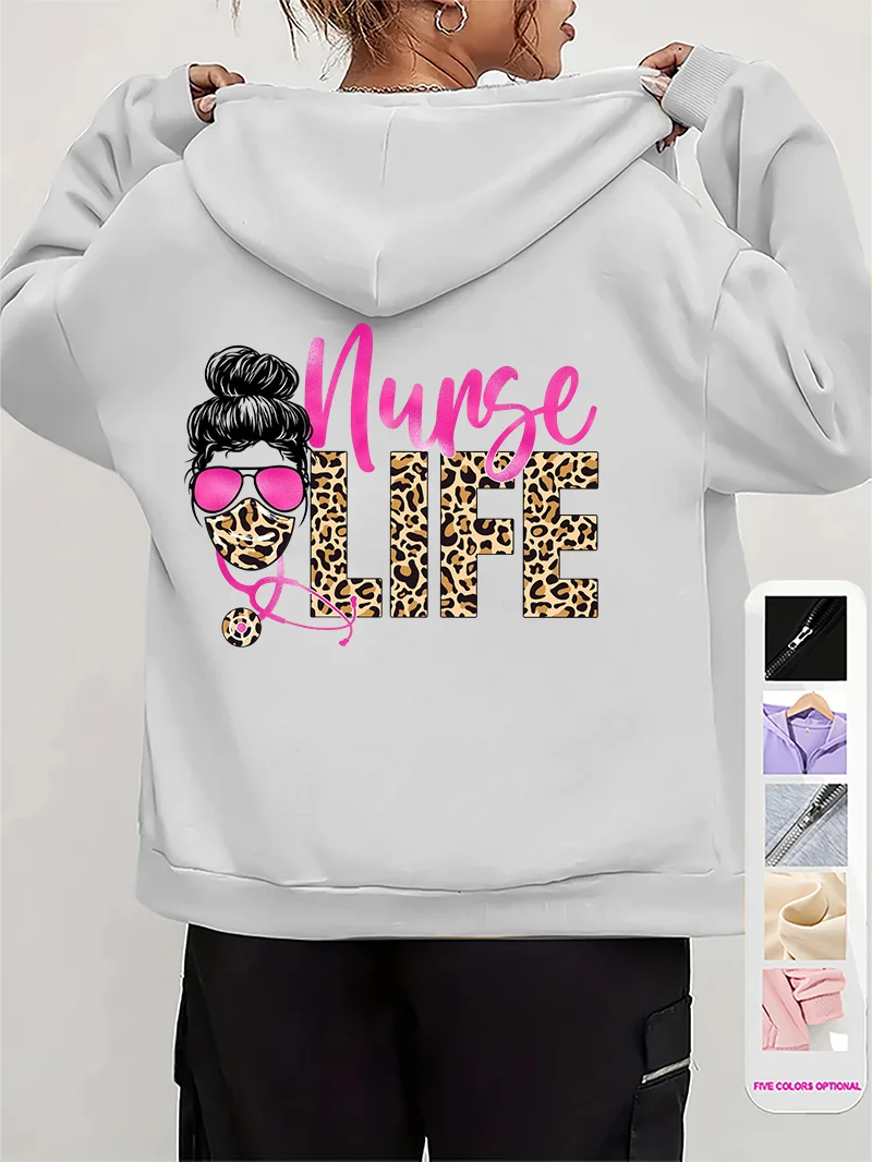 Women Leopard Nurse Life Print Hoodie Long Sleeve Casual Zipper Hoodie Nursing Fall Winter Jacket Coat Emergency Nurse Hoodies