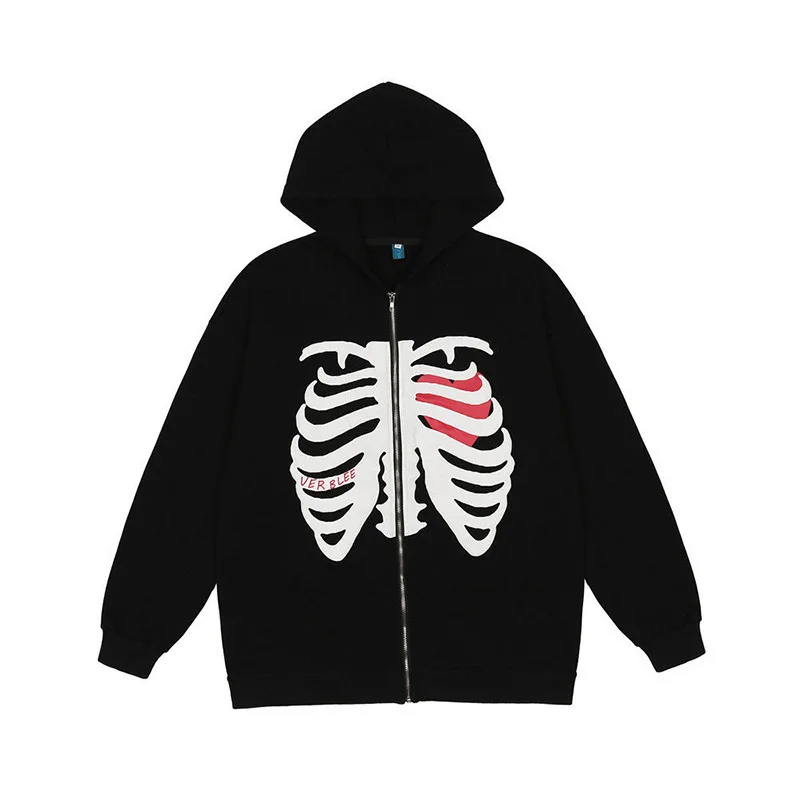 Y2K Skeleton Hoodies Women 2025 Vrouwen Gothic Zwart Zip Up Oversized Sweatshirt Dames Retro Harajuku Capuchon Streetwear Tops