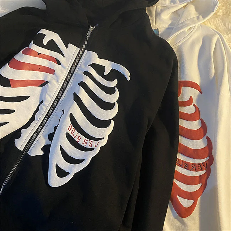 Y2K Skeleton Hoodies Women 2025 Vrouwen Gothic Zwart Zip Up Oversized Sweatshirt Dames Retro Harajuku Capuchon Streetwear Tops