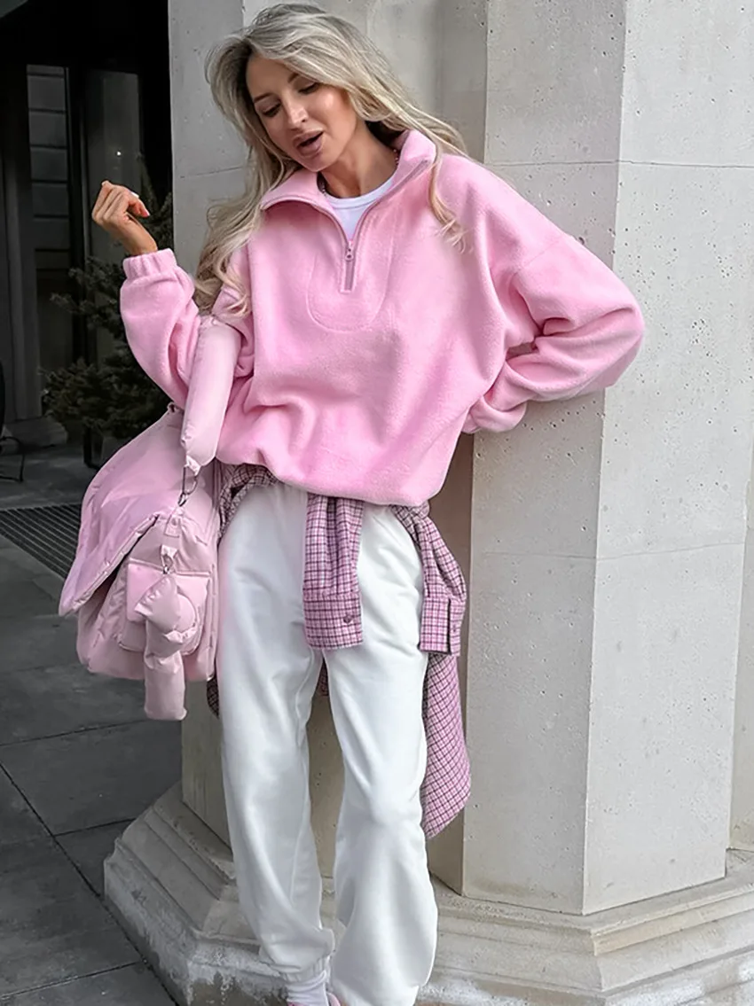 Talenza Women's Sports Pullover Sweatshirt Autumn New Pink Long Sleeve Loose Sweatshirt Casual Stand Collar Women's Pullover Y2k