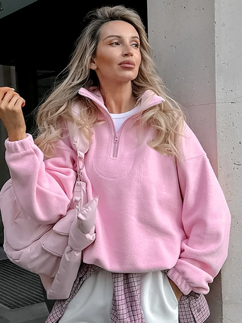 Talenza Women's Sports Pullover Sweatshirt Autumn New Pink Long Sleeve Loose Sweatshirt Casual Stand Collar Women's Pullover Y2k