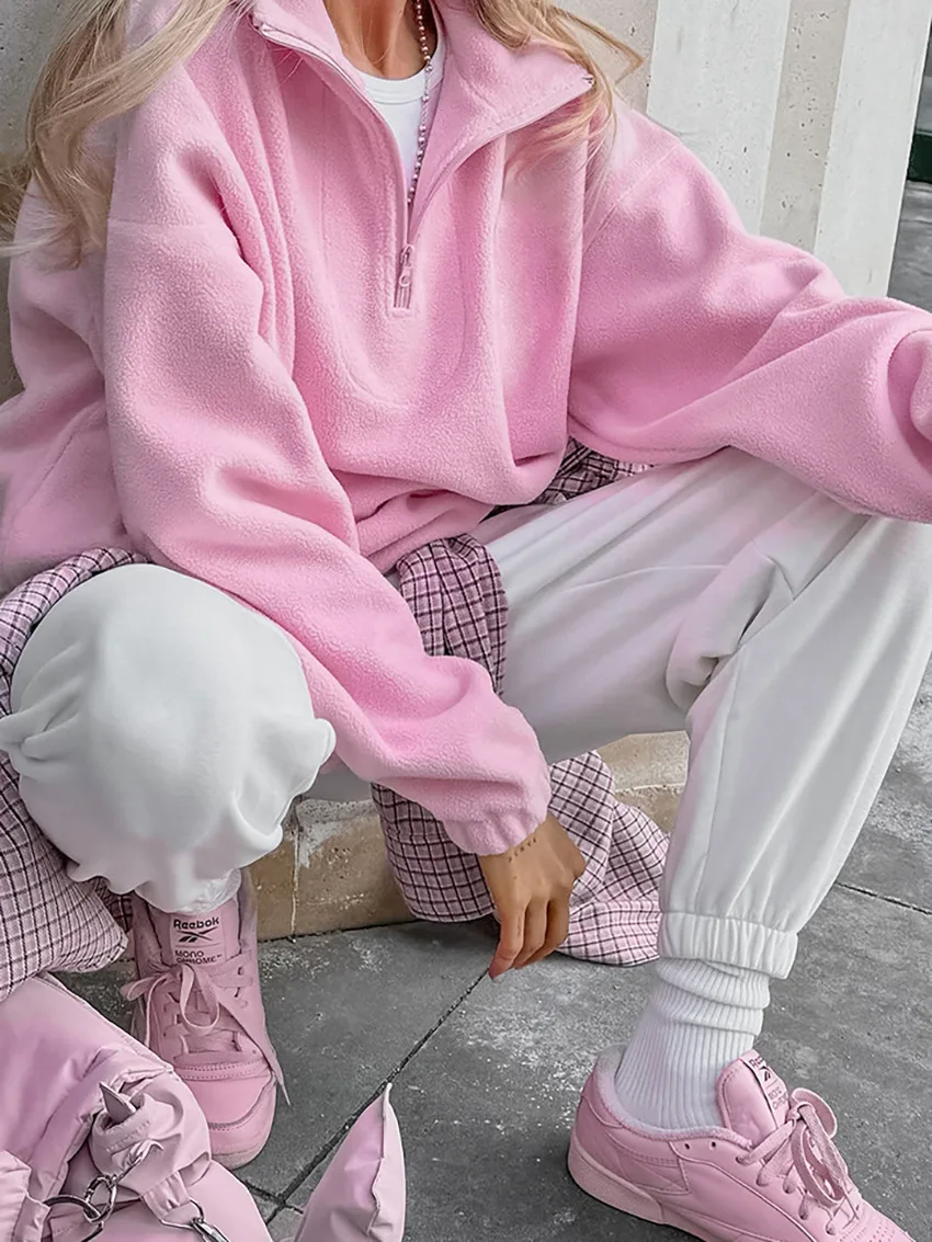 Talenza Women's Sports Pullover Sweatshirt Autumn New Pink Long Sleeve Loose Sweatshirt Casual Stand Collar Women's Pullover Y2k