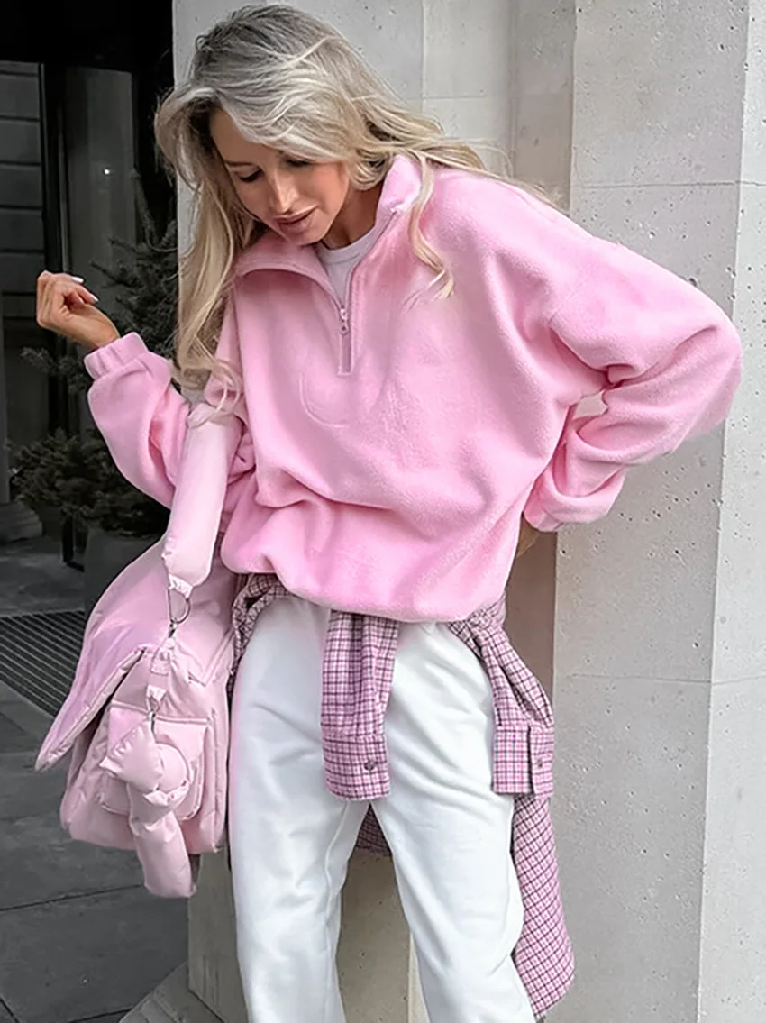 Talenza Women's Sports Pullover Sweatshirt Autumn New Pink Long Sleeve Loose Sweatshirt Casual Stand Collar Women's Pullover Y2k