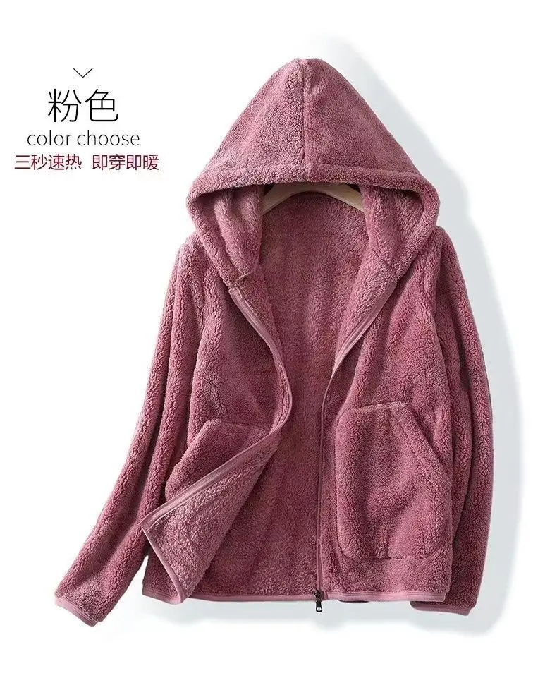Rocker Fleece Sweatshirt Women Hooded Coral Fleece Jacket Autumn Winter Coat Warm Long Sleeve Zipper Sportswear Casual Loose