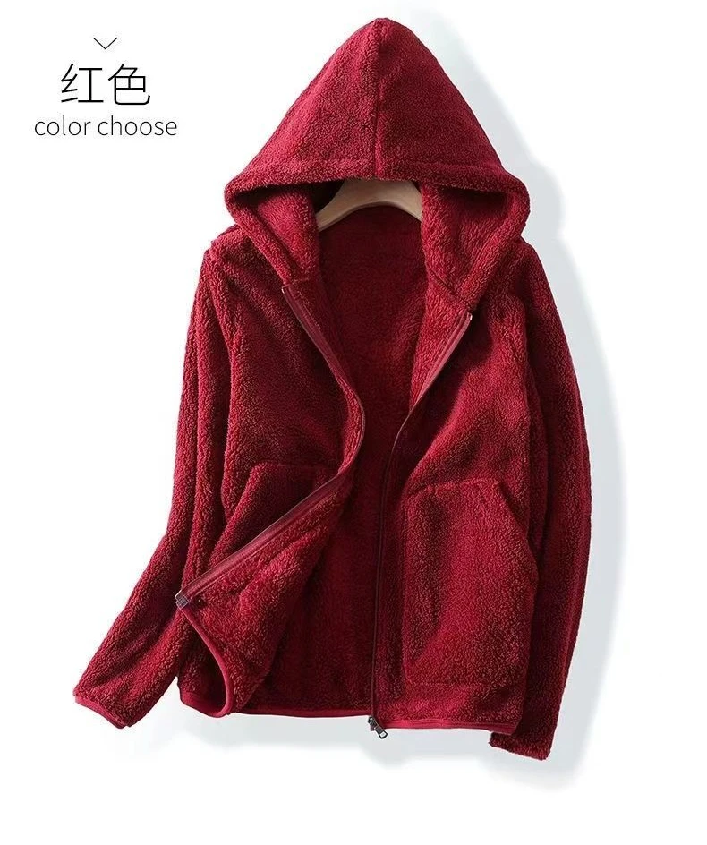 Rocker Fleece Sweatshirt Women Hooded Coral Fleece Jacket Autumn Winter Coat Warm Long Sleeve Zipper Sportswear Casual Loose