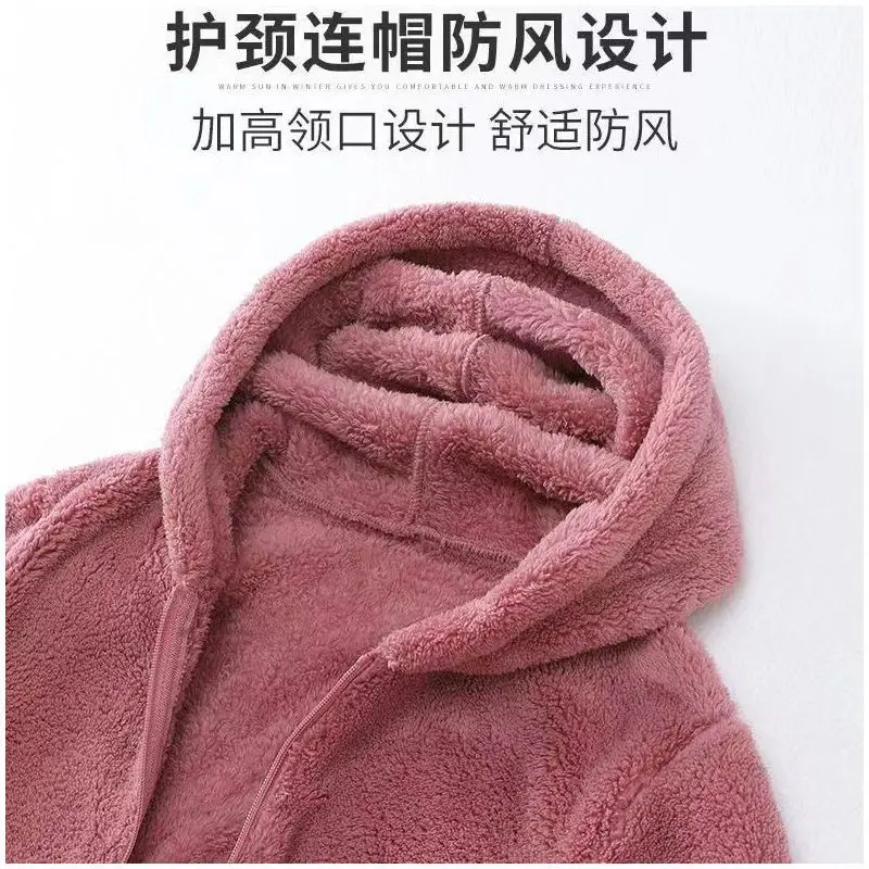 Rocker Fleece Sweatshirt Women Hooded Coral Fleece Jacket Autumn Winter Coat Warm Long Sleeve Zipper Sportswear Casual Loose