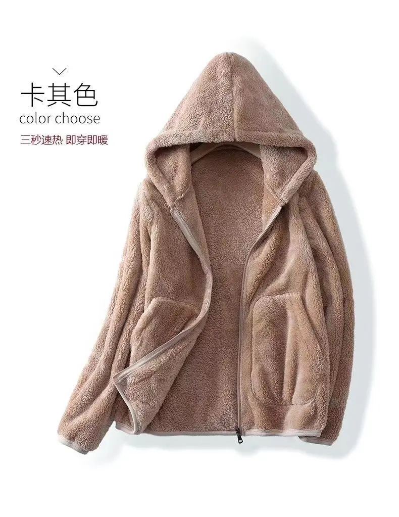 Rocker Fleece Sweatshirt Women Hooded Coral Fleece Jacket Autumn Winter Coat Warm Long Sleeve Zipper Sportswear Casual Loose