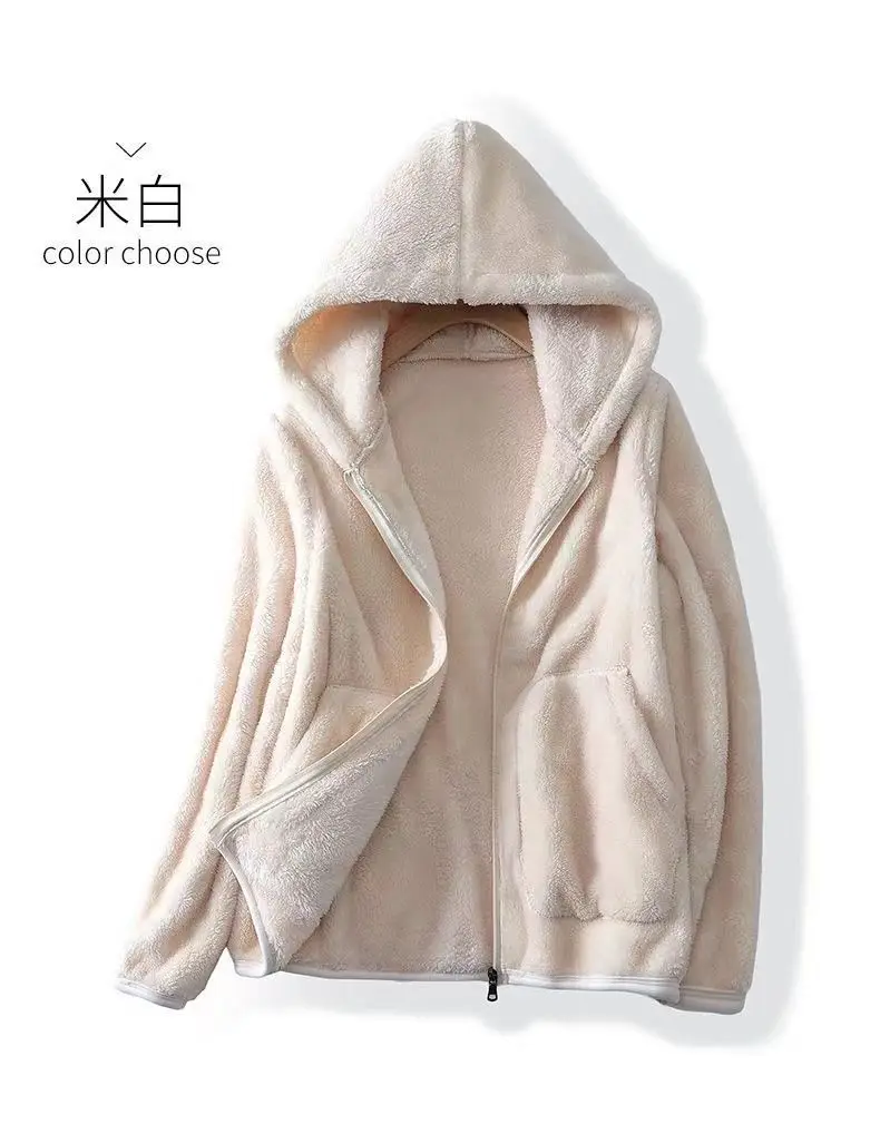 Rocker Fleece Sweatshirt Women Hooded Coral Fleece Jacket Autumn Winter Coat Warm Long Sleeve Zipper Sportswear Casual Loose