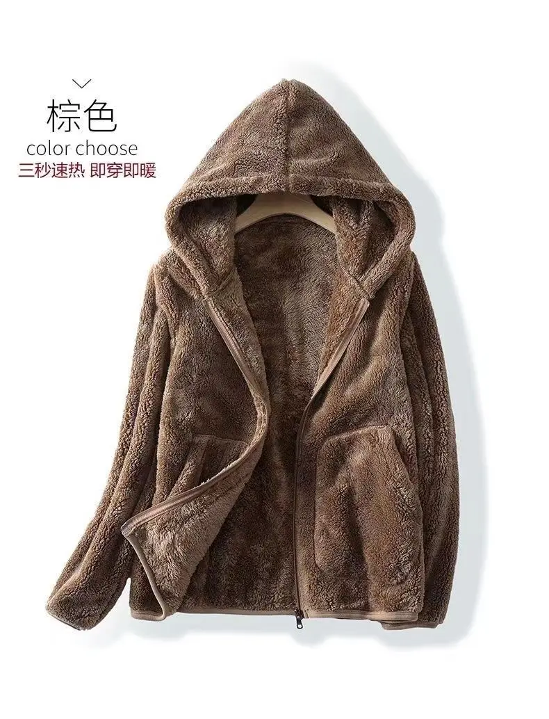 Rocker Fleece Sweatshirt Women Hooded Coral Fleece Jacket Autumn Winter Coat Warm Long Sleeve Zipper Sportswear Casual Loose