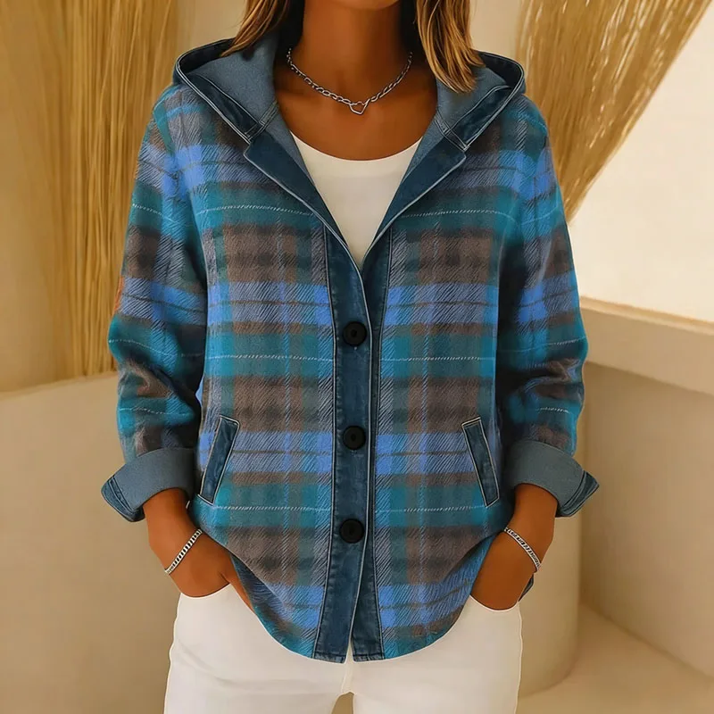 Y2K Clothes Hoodies New Plaid Print Hooded Sweatshirts Woman Retro Patchwork Button Top Cardigan Autumn Long Sleeve Coat Jackets