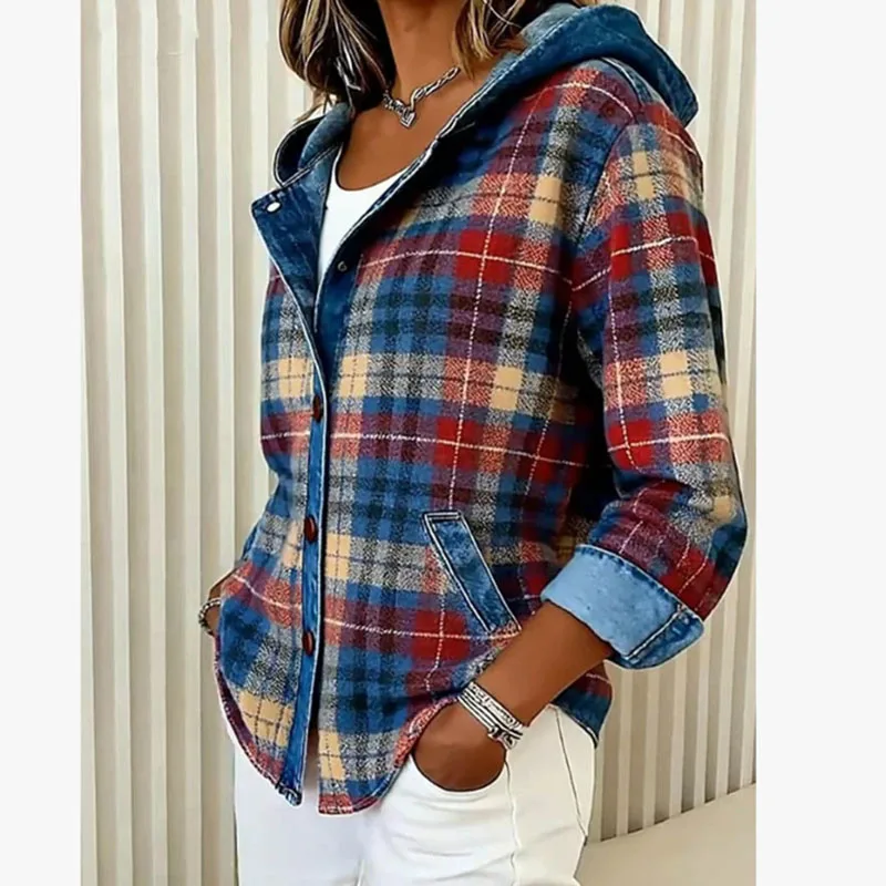 Y2K Clothes Hoodies New Plaid Print Hooded Sweatshirts Woman Retro Patchwork Button Top Cardigan Autumn Long Sleeve Coat Jackets