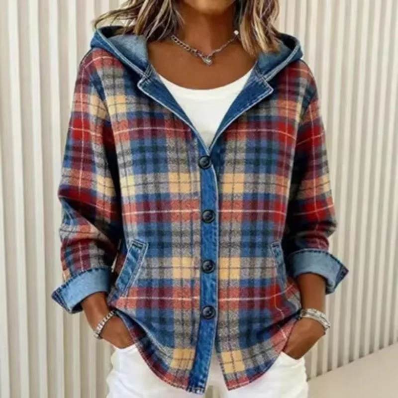 Y2K Clothes Hoodies New Plaid Print Hooded Sweatshirts Woman Retro Patchwork Button Top Cardigan Autumn Long Sleeve Coat Jackets