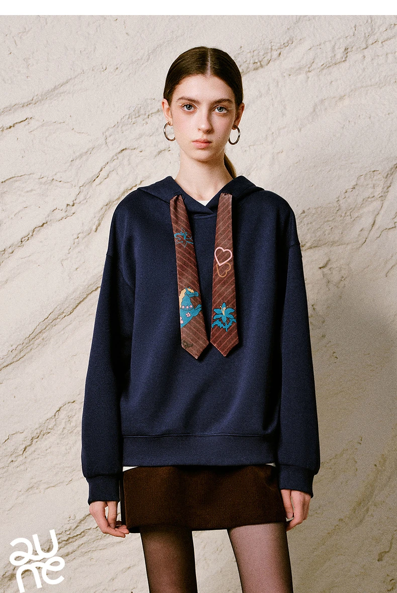 TOYOUTH Liberte Series Women Sweatshirt 2026 Autumn New Nomadic Print Ribbon Detail Hooded Loose Top