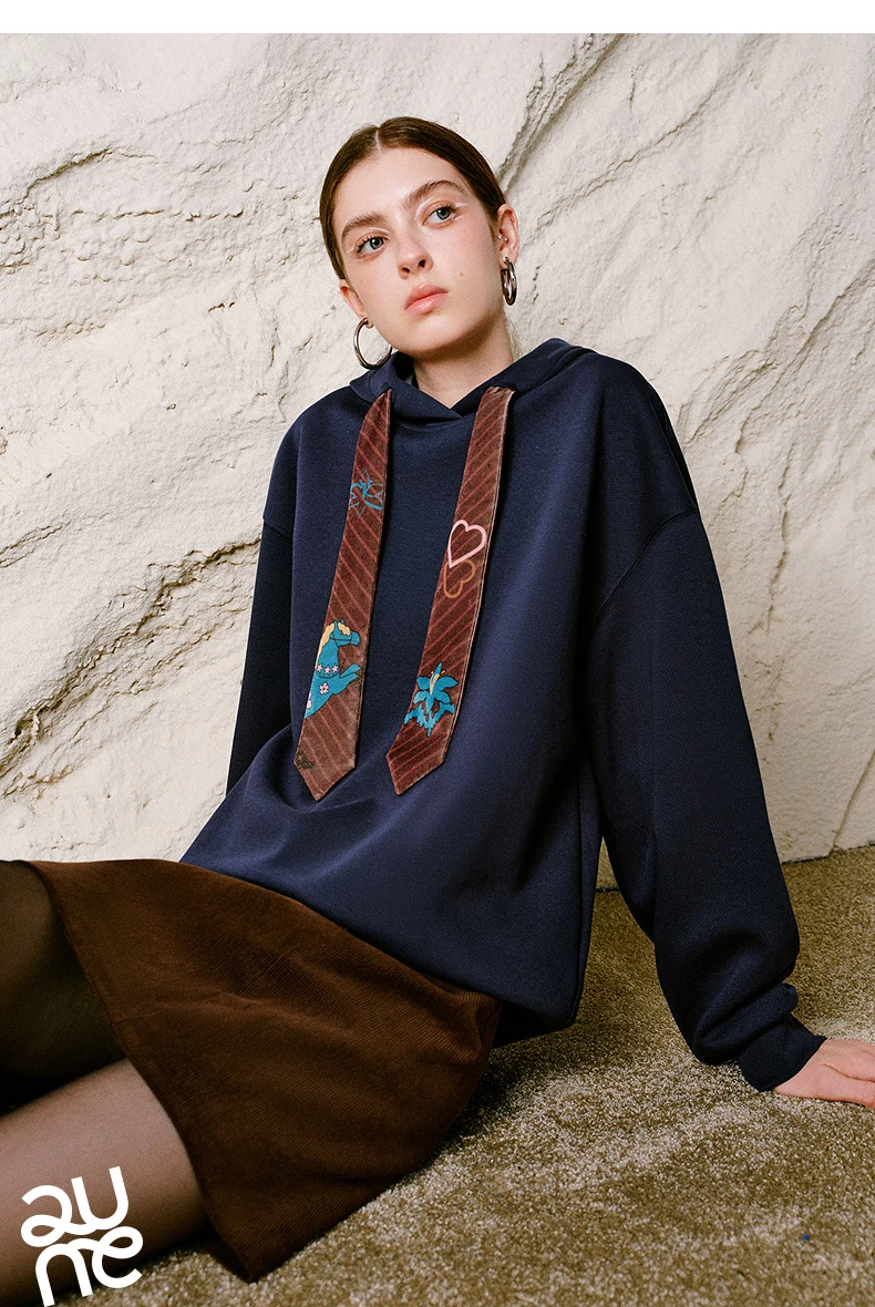 TOYOUTH Liberte Series Women Sweatshirt 2026 Autumn New Nomadic Print Ribbon Detail Hooded Loose Top