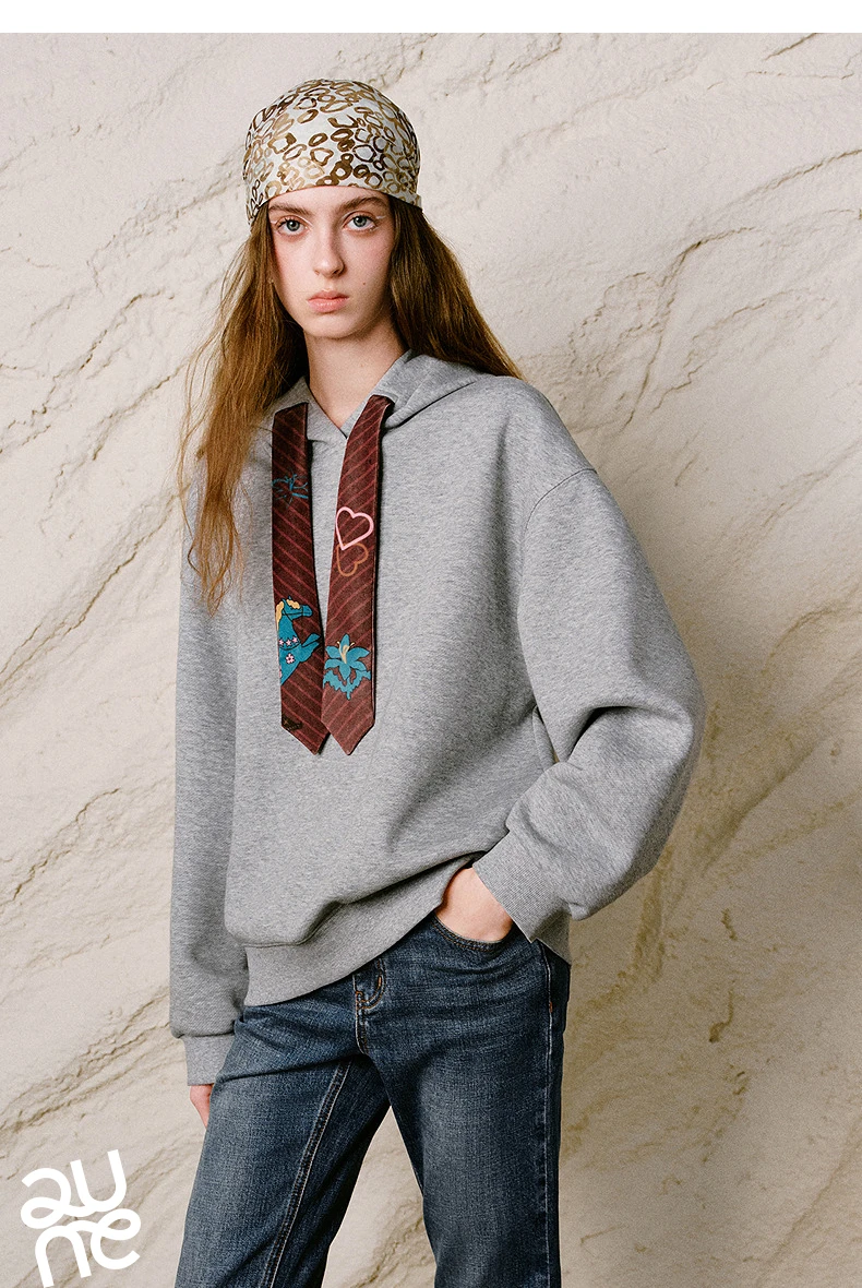 TOYOUTH Liberte Series Women Sweatshirt 2026 Autumn New Nomadic Print Ribbon Detail Hooded Loose Top