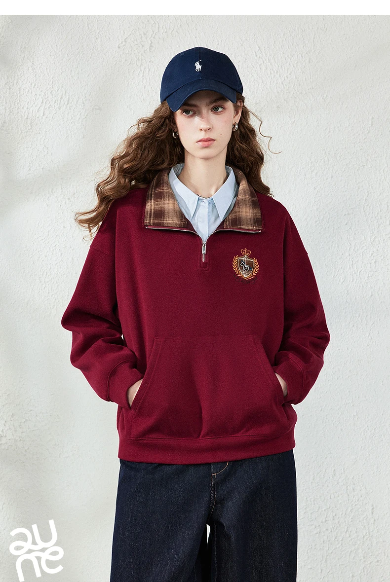 TOYOUTH Women Sweatshirt 2026 Autumn New Fleece College Style Embroidered Plaid Collar Loose Top