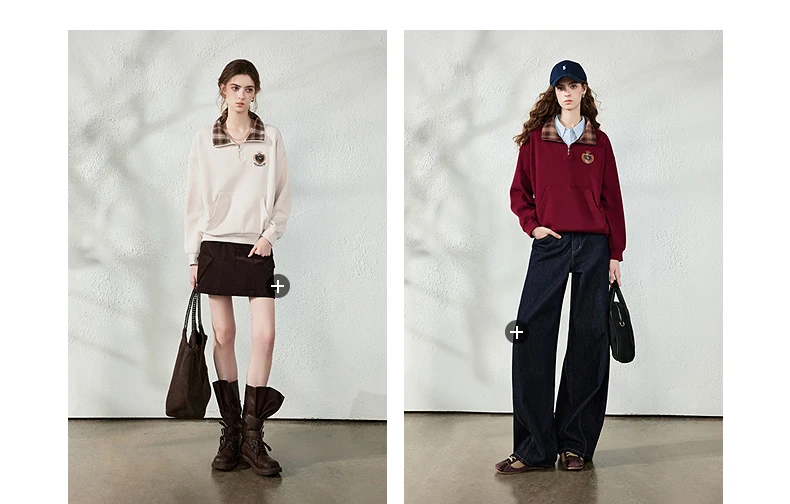 TOYOUTH Women Sweatshirt 2026 Autumn New Fleece College Style Embroidered Plaid Collar Loose Top