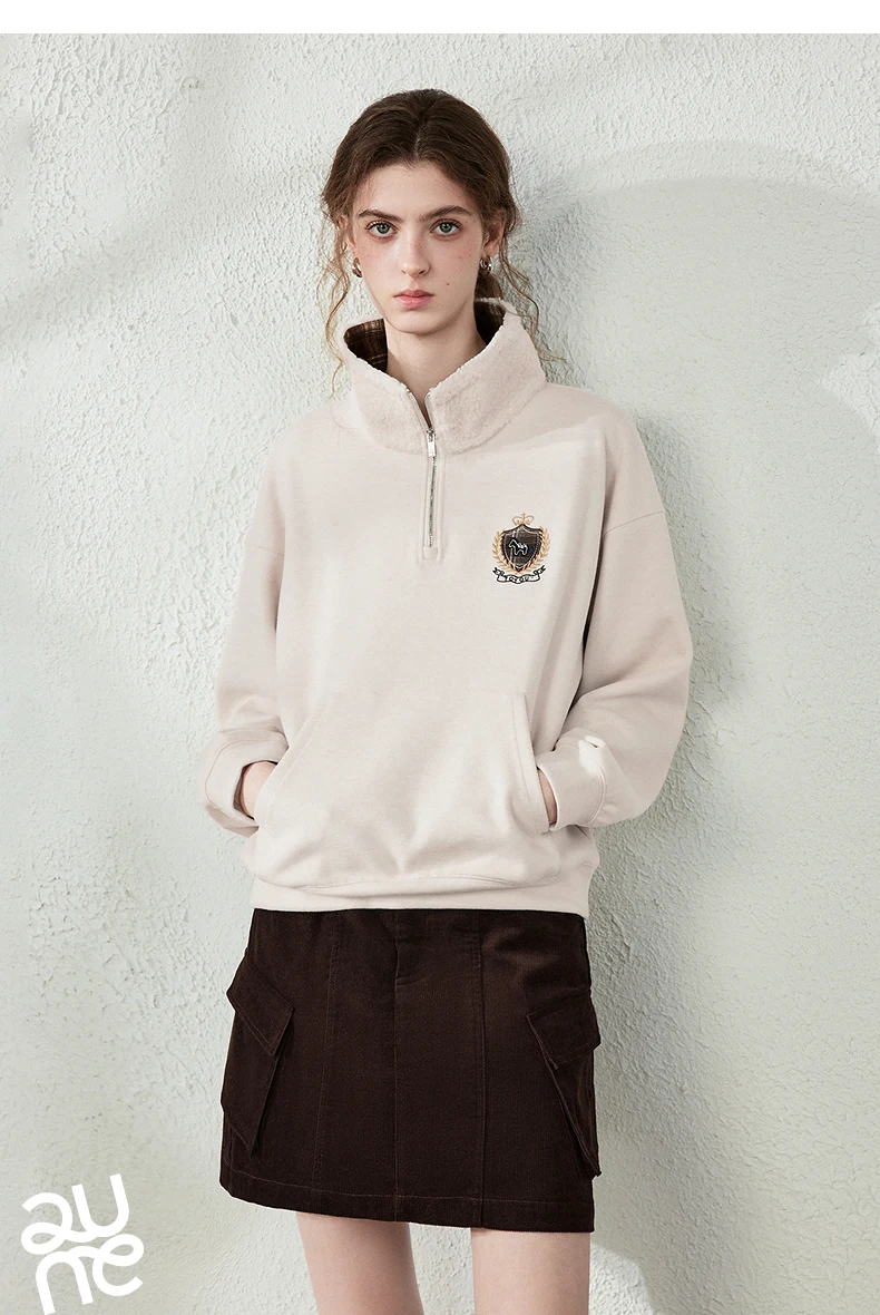 TOYOUTH Women Sweatshirt 2026 Autumn New Fleece College Style Embroidered Plaid Collar Loose Top