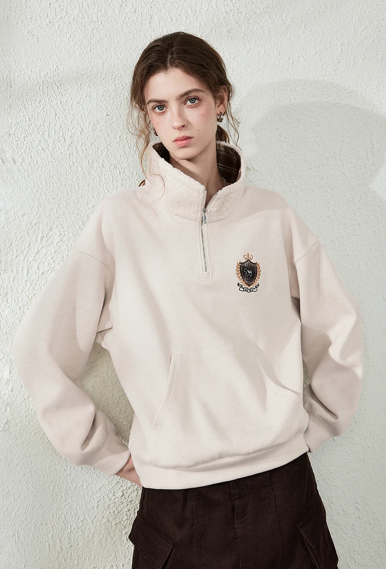 TOYOUTH Women Sweatshirt 2026 Autumn New Fleece College Style Embroidered Plaid Collar Loose Top