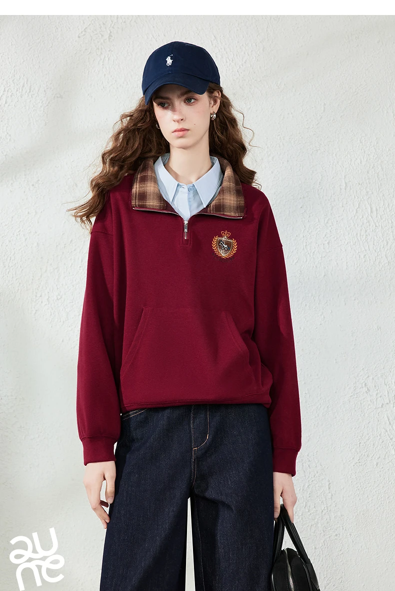 TOYOUTH Women Sweatshirt 2026 Autumn New Fleece College Style Embroidered Plaid Collar Loose Top