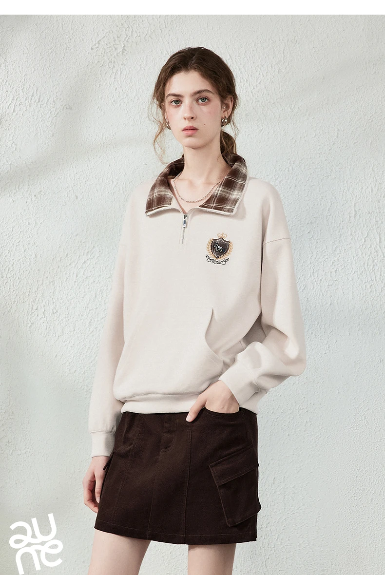 TOYOUTH Women Sweatshirt 2026 Autumn New Fleece College Style Embroidered Plaid Collar Loose Top