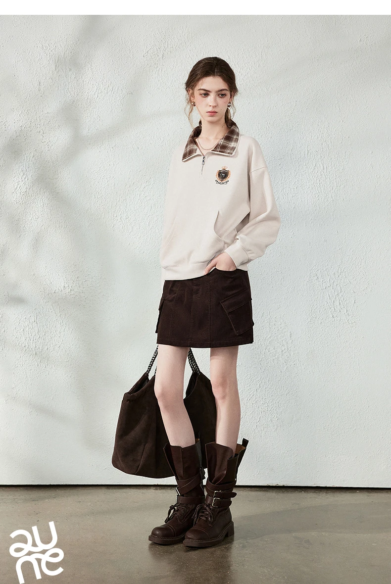 TOYOUTH Women Sweatshirt 2026 Autumn New Fleece College Style Embroidered Plaid Collar Loose Top