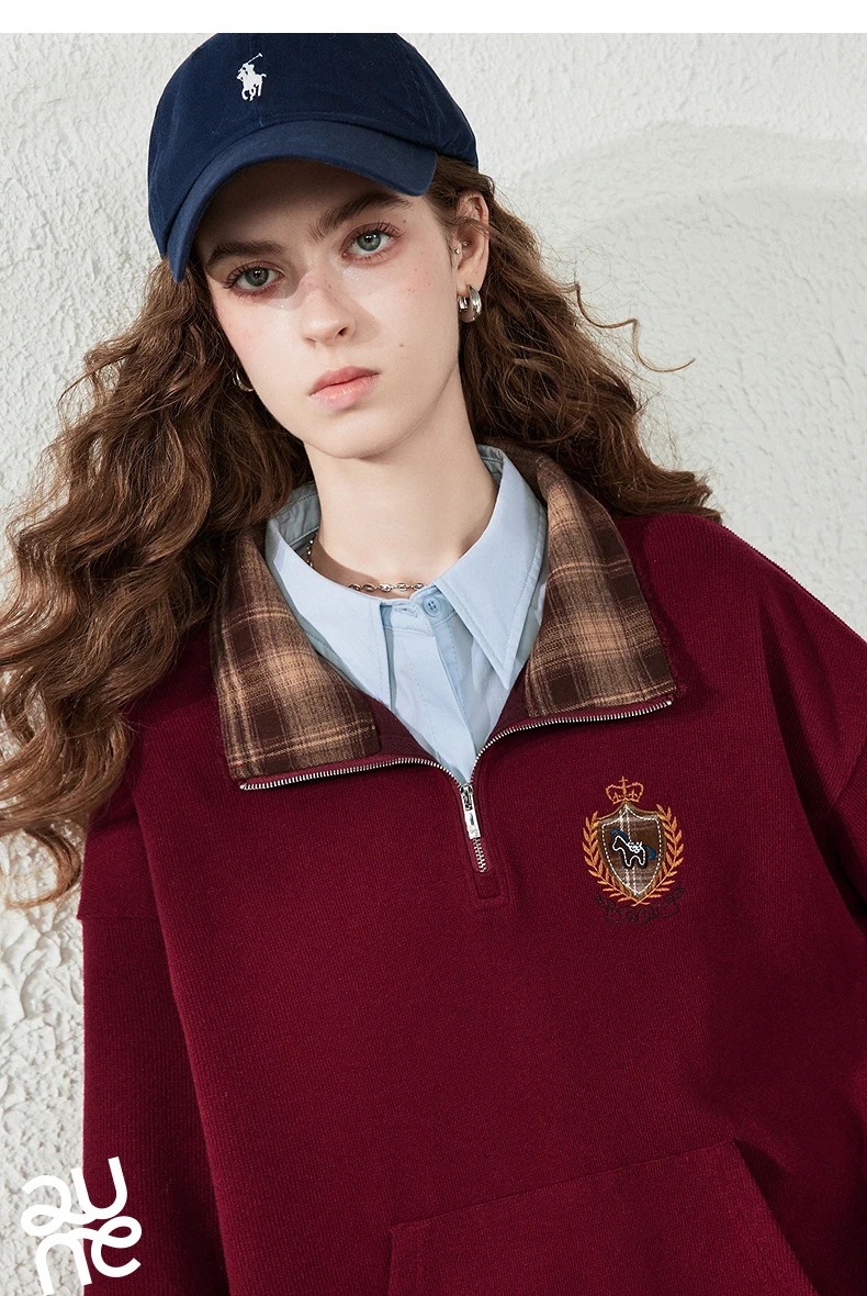 TOYOUTH Women Sweatshirt 2026 Autumn New Fleece College Style Embroidered Plaid Collar Loose Top