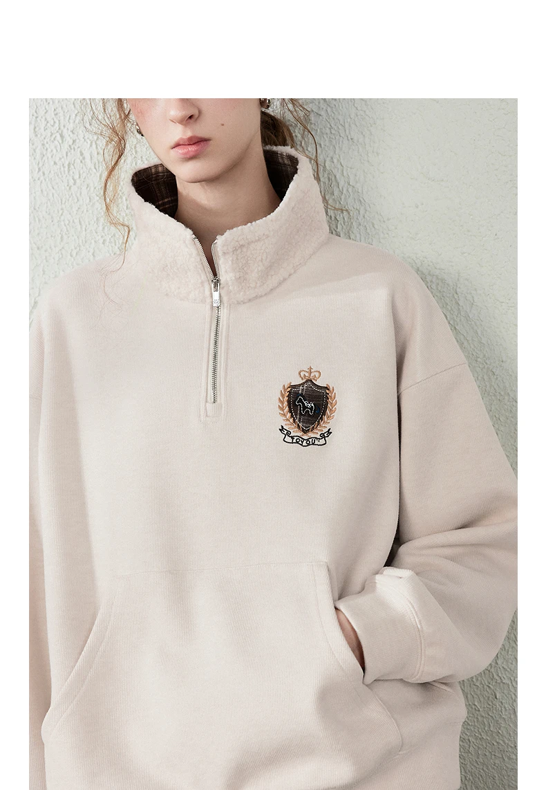 TOYOUTH Women Sweatshirt 2026 Autumn New Fleece College Style Embroidered Plaid Collar Loose Top