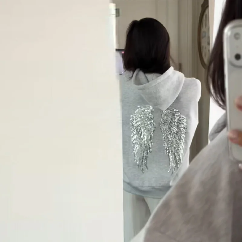 Shiny Wing Print Hoodie Women's Loose Long Sleeve Pullovers Tops Tight Yoga Pants 2025 New Two Piece Set Versatile Lady Outfits