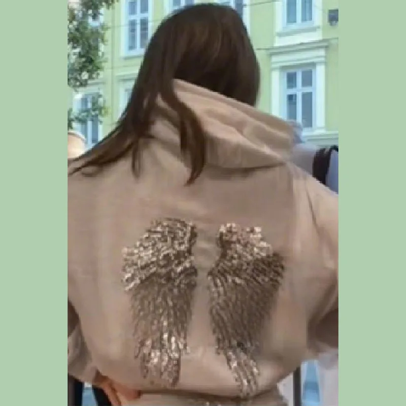 Shiny Wing Print Hoodie Women's Loose Long Sleeve Pullovers Tops Tight Yoga Pants 2025 New Two Piece Set Versatile Lady Outfits