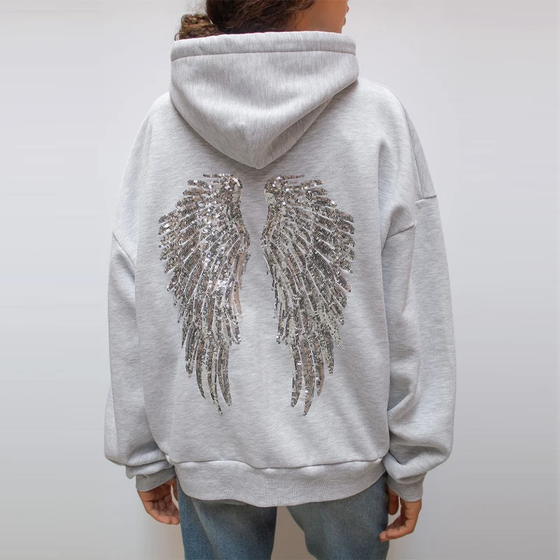 Shiny Wing Print Hoodie Women's Loose Long Sleeve Pullovers Tops Tight Yoga Pants 2025 New Two Piece Set Versatile Lady Outfits