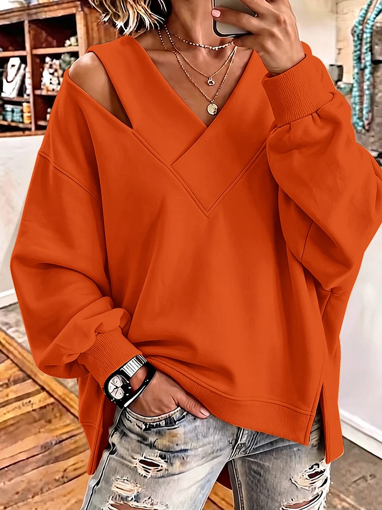 Autumn Winter Casual Loose Fashion Pullovers Women V Neck Chic Patchwork Hoodie Solid Hollow out Holiday Ladies Top Streetwear