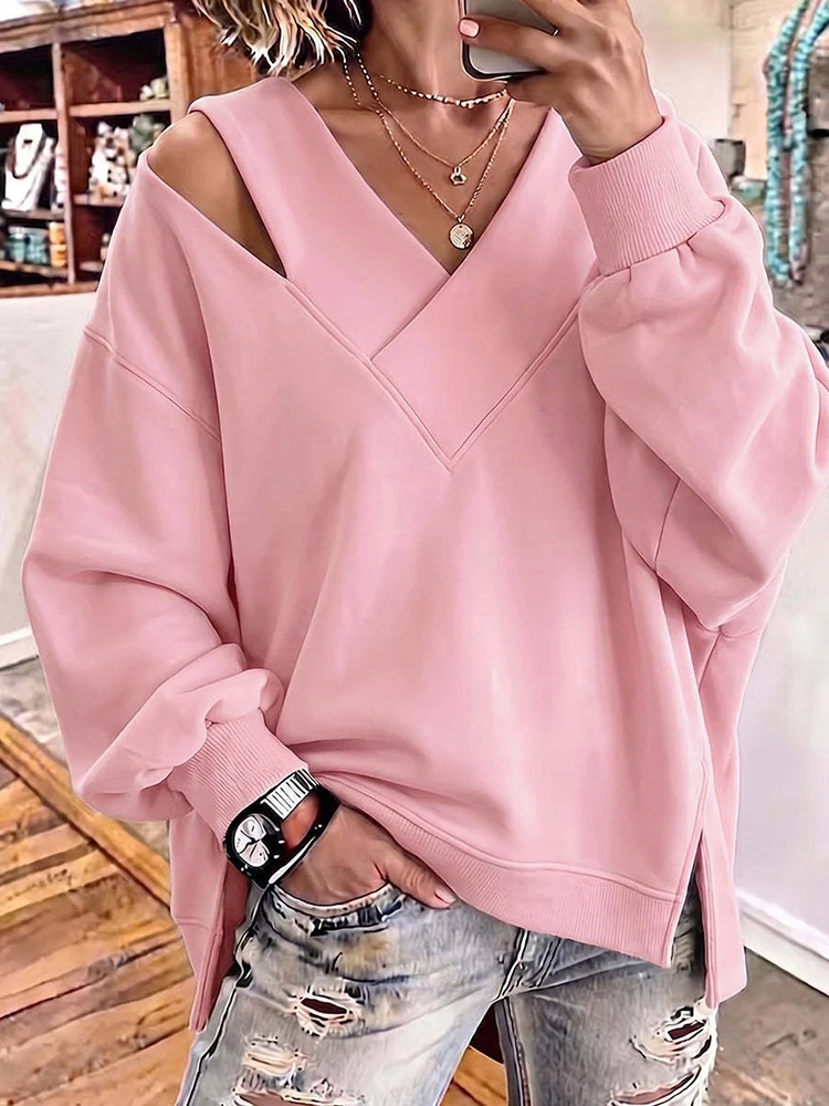 Autumn Winter Casual Loose Fashion Pullovers Women V Neck Chic Patchwork Hoodie Solid Hollow out Holiday Ladies Top Streetwear