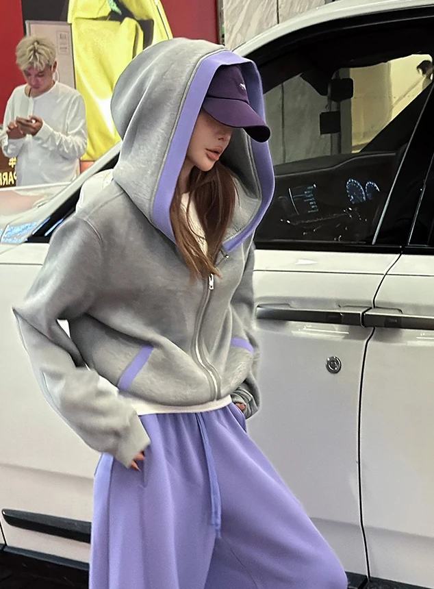 Fashion Color Blocked Hooded Sweatshirt for Women Autumn Loose Fit Zip-up Hoodie Female Casual Long Sleeve Sport Outerwear