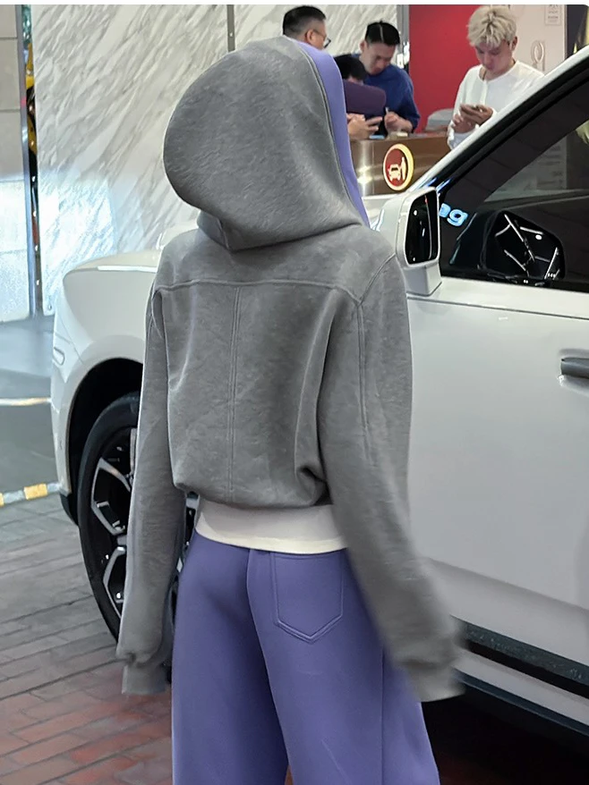 Fashion Color Blocked Hooded Sweatshirt for Women Autumn Loose Fit Zip-up Hoodie Female Casual Long Sleeve Sport Outerwear