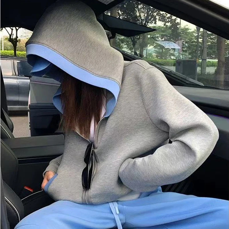 Fashion Color Blocked Hooded Sweatshirt for Women Autumn Loose Fit Zip-up Hoodie Female Casual Long Sleeve Sport Outerwear