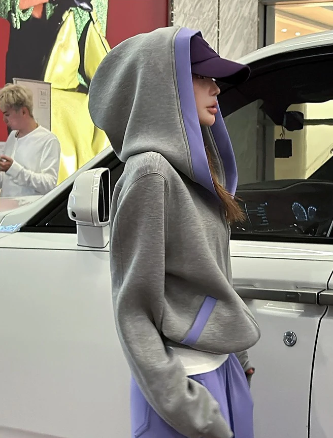 Fashion Color Blocked Hooded Sweatshirt for Women Autumn Loose Fit Zip-up Hoodie Female Casual Long Sleeve Sport Outerwear