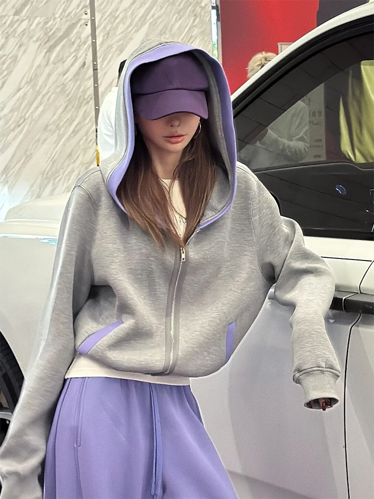 Fashion Color Blocked Hooded Sweatshirt for Women Autumn Loose Fit Zip-up Hoodie Female Casual Long Sleeve Sport Outerwear