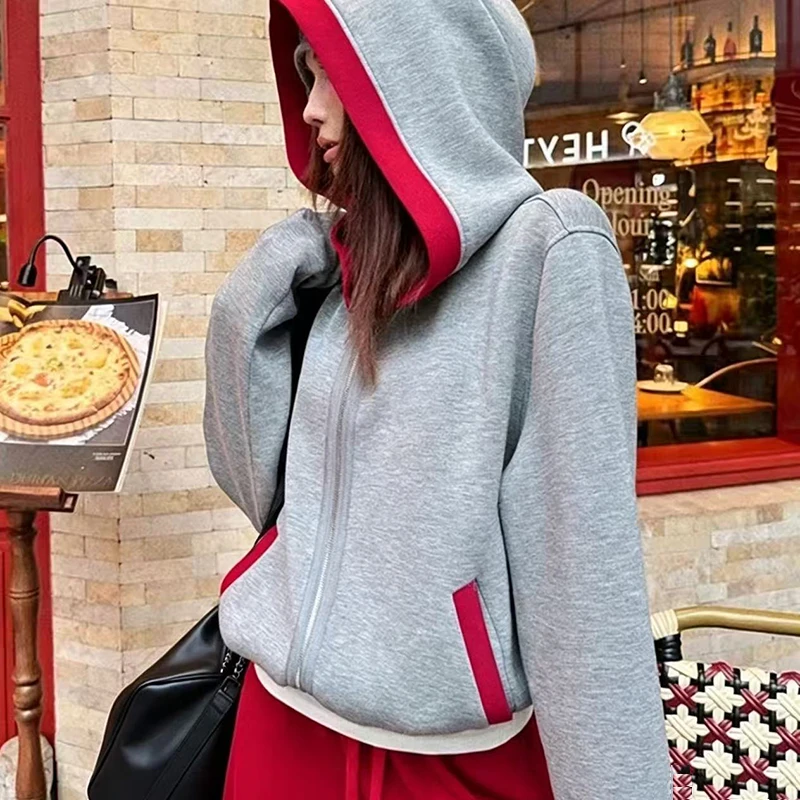 Fashion Color Blocked Hooded Sweatshirt for Women Autumn Loose Fit Zip-up Hoodie Female Casual Long Sleeve Sport Outerwear