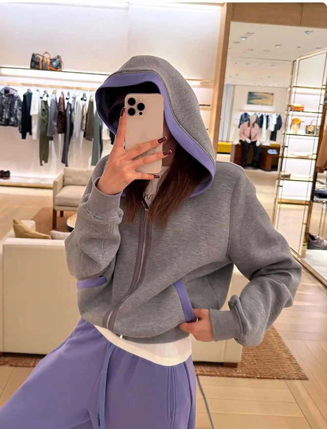 Fashion Color Blocked Hooded Sweatshirt for Women Autumn Loose Fit Zip-up Hoodie Female Casual Long Sleeve Sport Outerwear