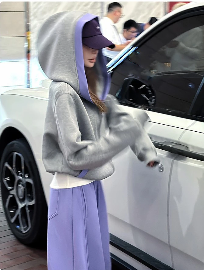 Fashion Color Blocked Hooded Sweatshirt for Women Autumn Loose Fit Zip-up Hoodie Female Casual Long Sleeve Sport Outerwear